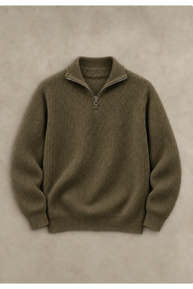 Men's Half Zipper Polo Collar Ribbed Knit Sweater Long Sleeve