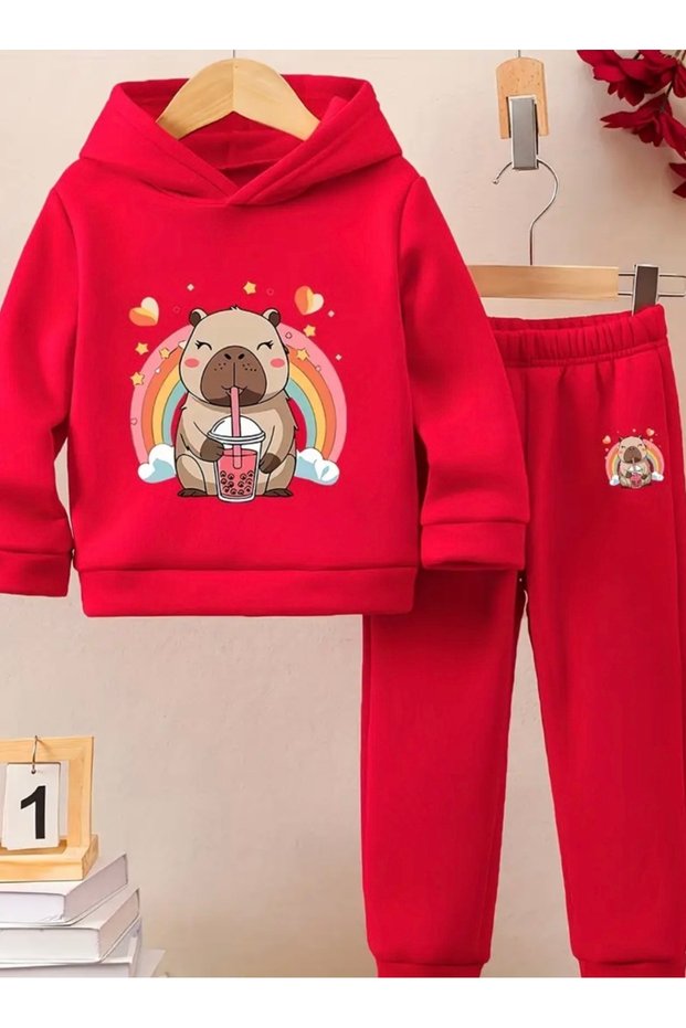 Hooded Capybara Smoothie Printed 100% Cotton Sharded Pocketless Girls' Winter Track Suit