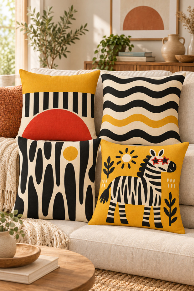 Set of 4 Decorative Cushion Covers 43X43 cm Zebra Patterned Black Yellow Retro Bohemian Pillowcases