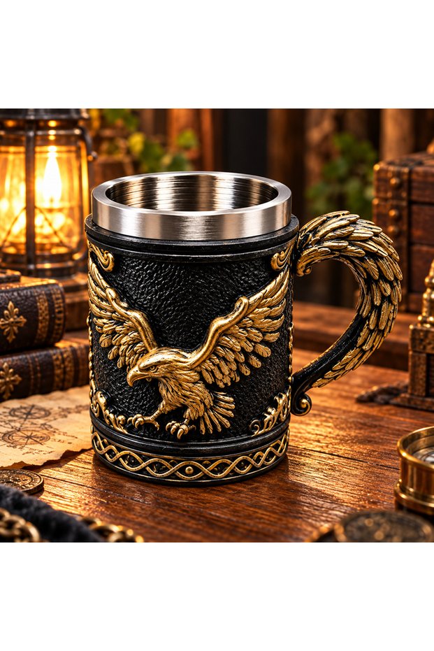 Decorative Mug with Eagle Figure, Gold Color, Embossed Stainless Steel Inner Chamber, Special Design