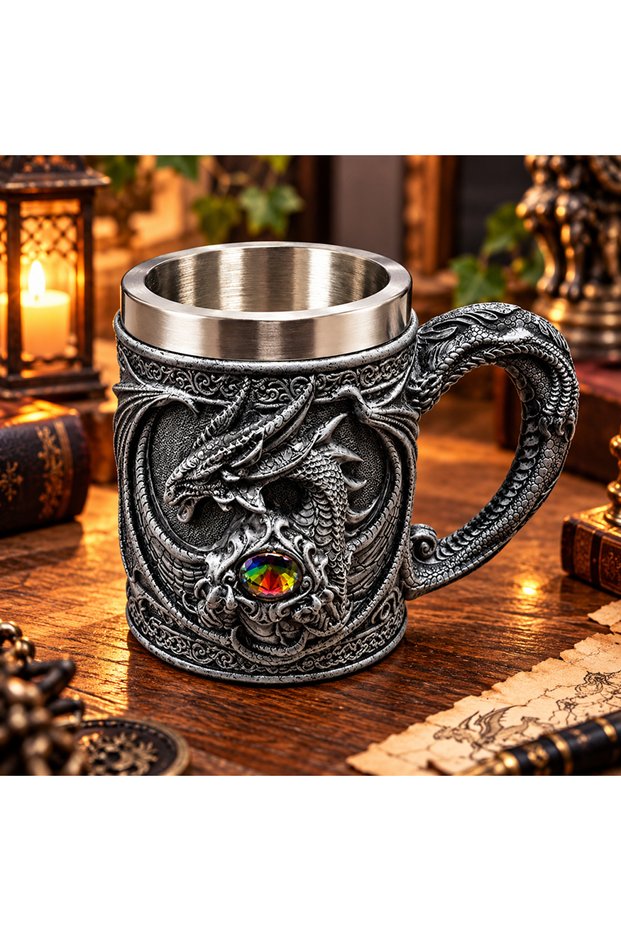 Decorative Mug with Dragon Figure, Stone Detail, Stainless Steel Inner Chamber, Fantastic