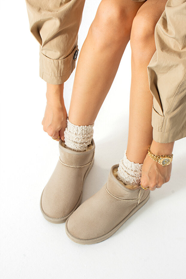Women's Beige Winter Boots, Suede, Fur Inside, Thin Sole, Daily Comfortable Boots
