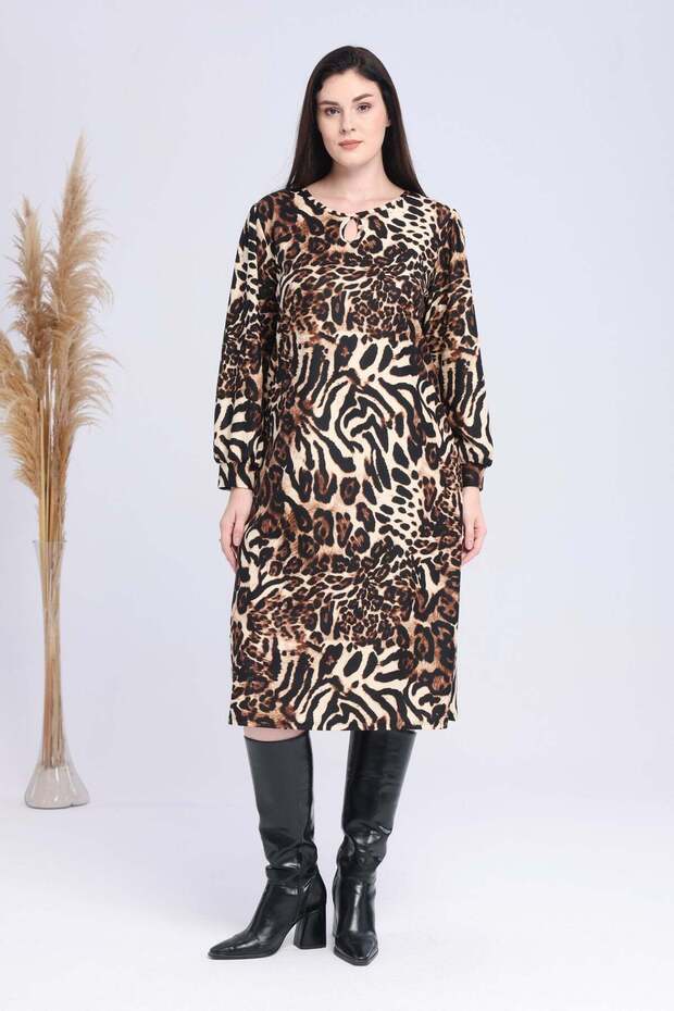 Women's Brown Leopard Pattern Balloon Sleeve Collar Detailed Plus Size Dress
