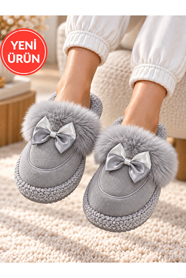 Luxurious Plush and Ribbon Detailed Warm Home Slippers Suede House Slippers Dowry Gift Slippers Stc1366