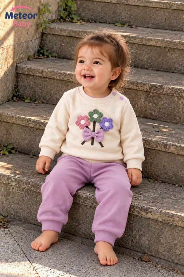 Baby Girl Set with Floral Appliques and Bow Detail, 2-Piece Top and Bottom Set, Seasonal, 6 9 12 18 24 Months
