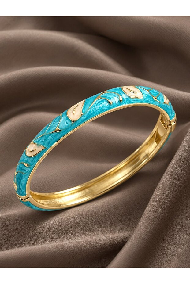 Gold Color Women's Handcuffs with Enamel Brass Cream and Turquoise Leaf Motif