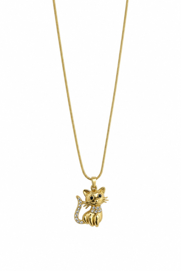 Stainless Steel Cat Figured Necklace with Stone Detail in Yellow Color