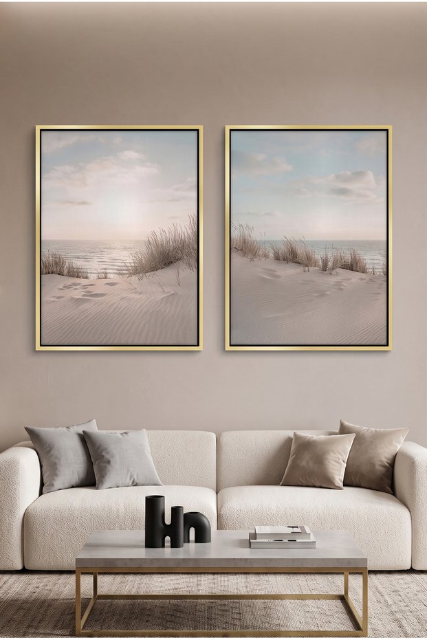 Neutral Coastal Dune Set of 2 Nature Wall Art | 2-Piece Portrait Framed Canvas Prints | Luxury Modern Botanical Decor for Living Room