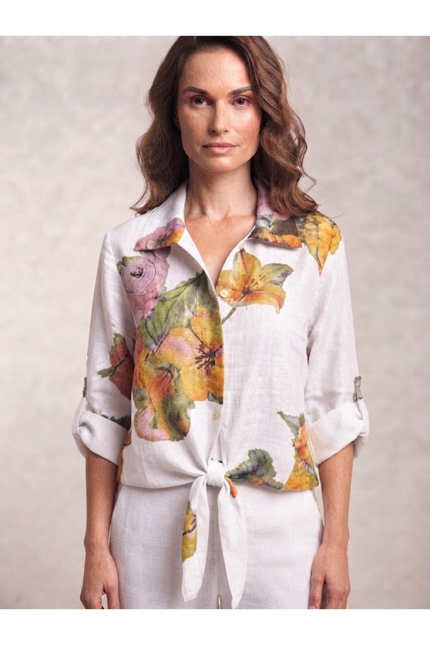 Women's Italian Marshmallow Floral Patterned Front Tie 100% Cotton Shirt Blouse
