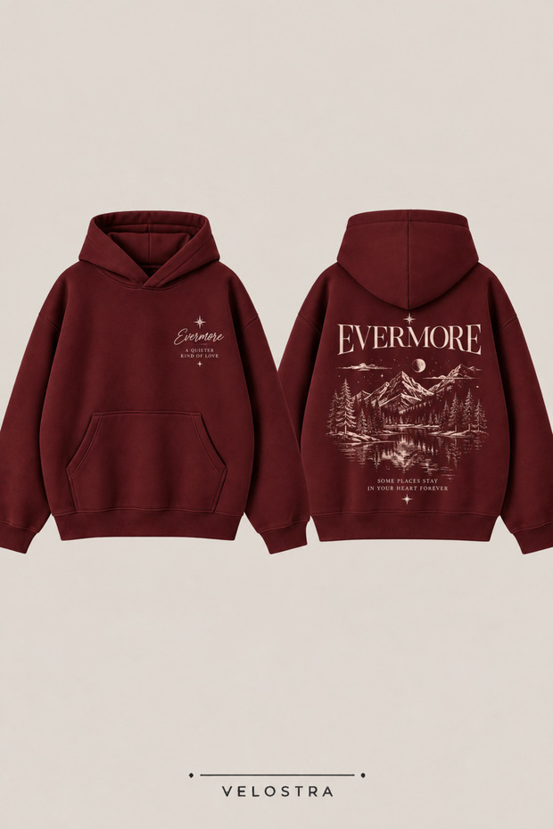 Unisex Evermore Printed Back Detail Casual Use Comfortable Burgundy 3 Thread Combed Cotton Hooded Sweatshirt