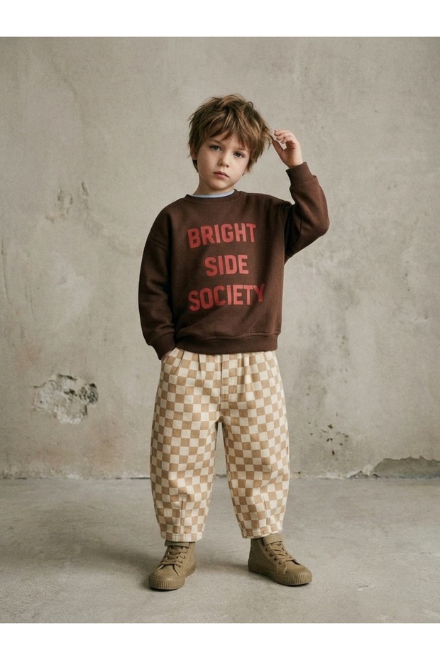Children's Printed Brown Sweatshirt and Checkered Balloon Jean Pants Set