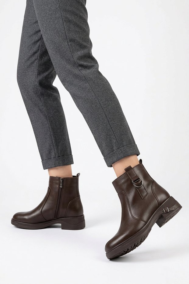 Venor genuine leather women's boots with side ring buckle - coffee tan