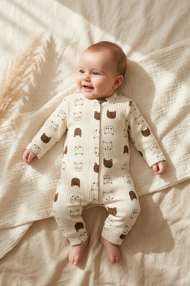 Coffee Bear Patterned Fabric 100% Cotton Baby Boy Romper 3-6-9 Months