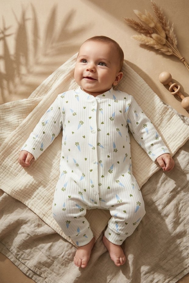 Blue Carrot Patterned Fabric 100% Cotton Baby Boy Romper 3-6-9 Months