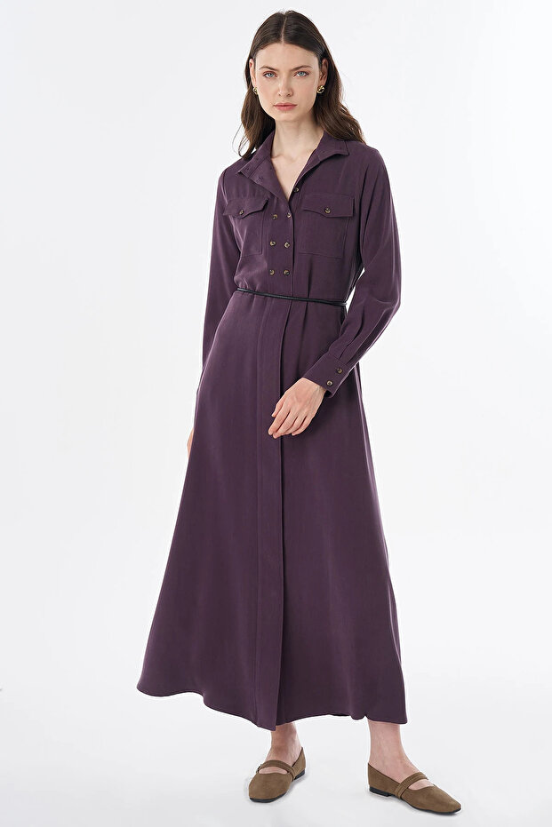 High Collar Lyocell Viscose Dress Plum