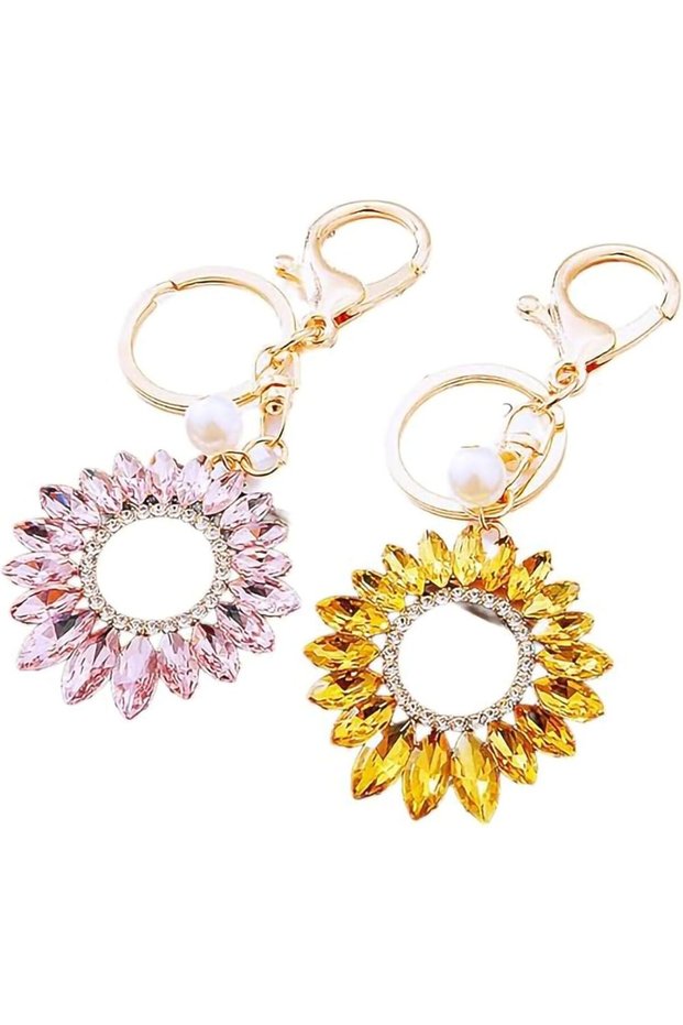 Sunflower Metal Keychain Set,Purple and Yellow Bag Pendants,Car Key Decoration,Pack of 2