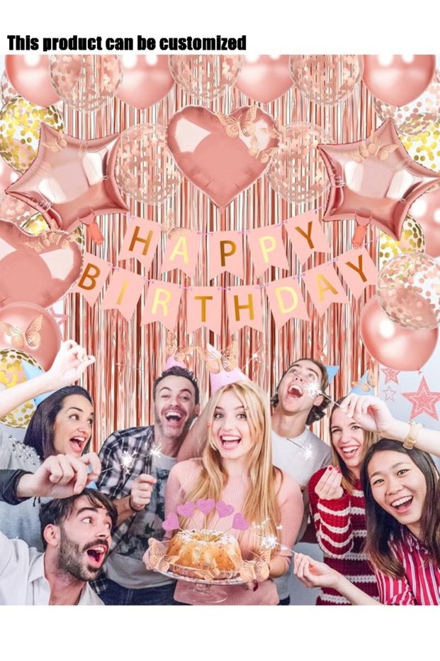 Rose Gold Happy Birthday Decor Kit, Happy Birthday Banner, Heart Star Aluminum Foil Balloons, Confetti Balloons