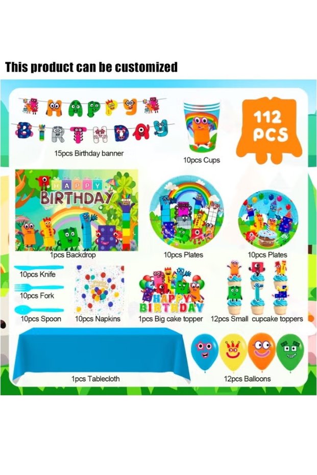 112Pcs Number Blocks Themed Birthday Party Set Serves 10 Guests, Disposable Tableware, Banner, Backdrop, Balloons, Cupcake Toppers, Tablecloth for Kids Birthday