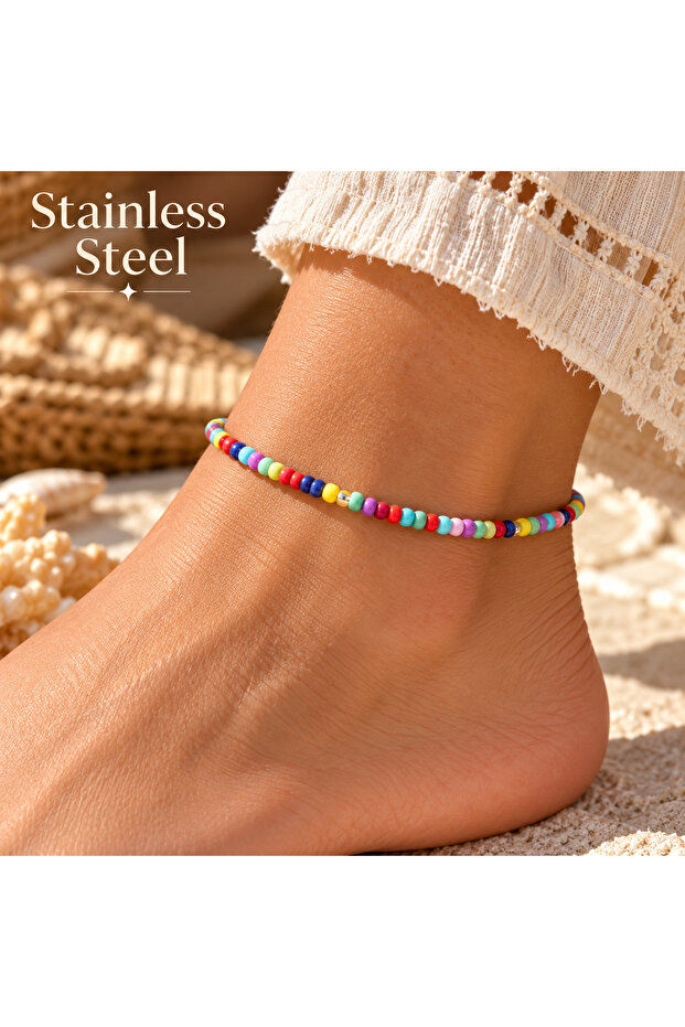 Colorful Glass Bead Design Tarnish-Resistant Plated Anklet