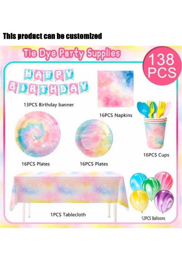 138Pcs Tie Dye Birthday Party Supplies Set, Disposable Paper Plates Cups Napkins, Tablecloth, Happy Birthday Banner & Rainbow Balloons for 16 Guests