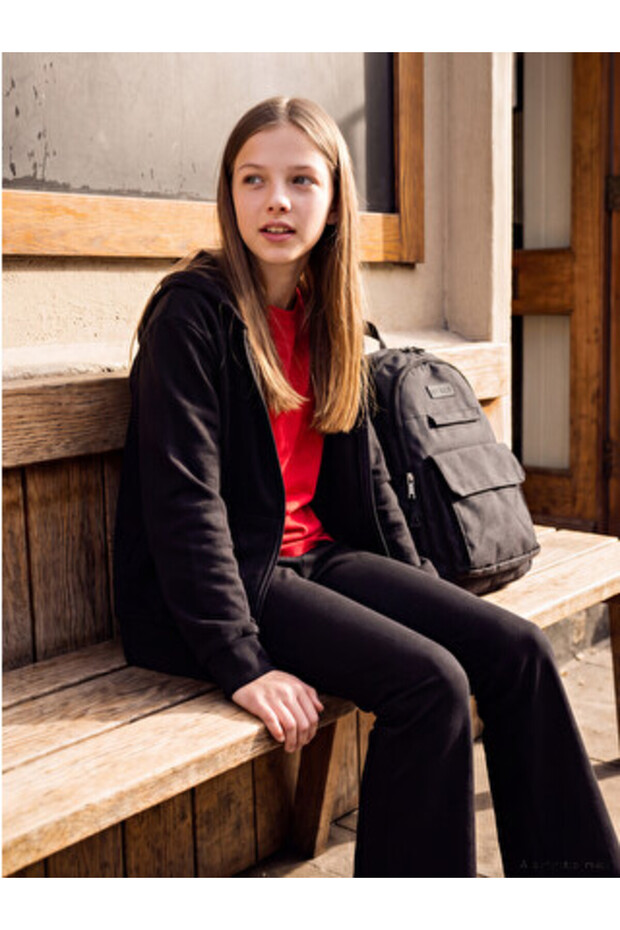 Black Hooded Girl's Zippered Sweatshirt