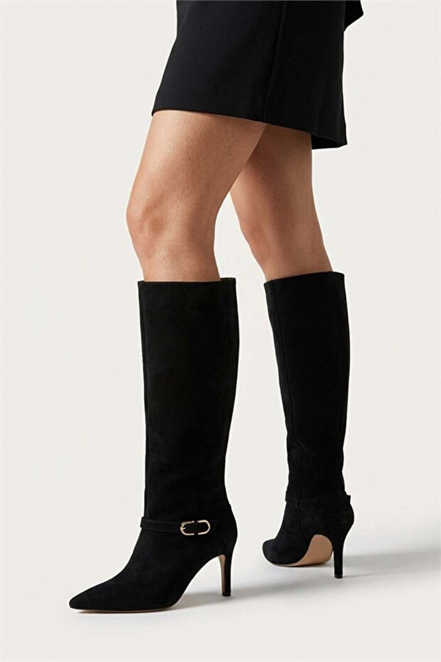 Women's Melinda Black Suede 7 cm Heeled Boots with Buckle Detail
