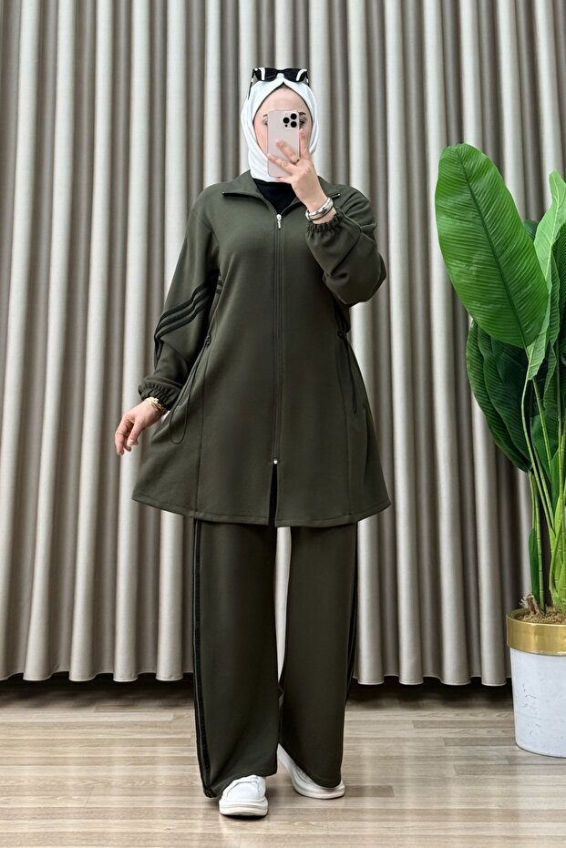 Ruby Takim Oysho Fabric Women's Khaki Hijab with Zipper, Elastic Waistband and Stripe Detail