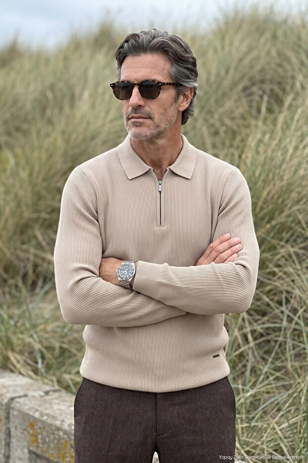 Men's Zippered Polo Collar Mink Sweater Ribbed Textured Thin Knitwear Classic Pattern - 5411A