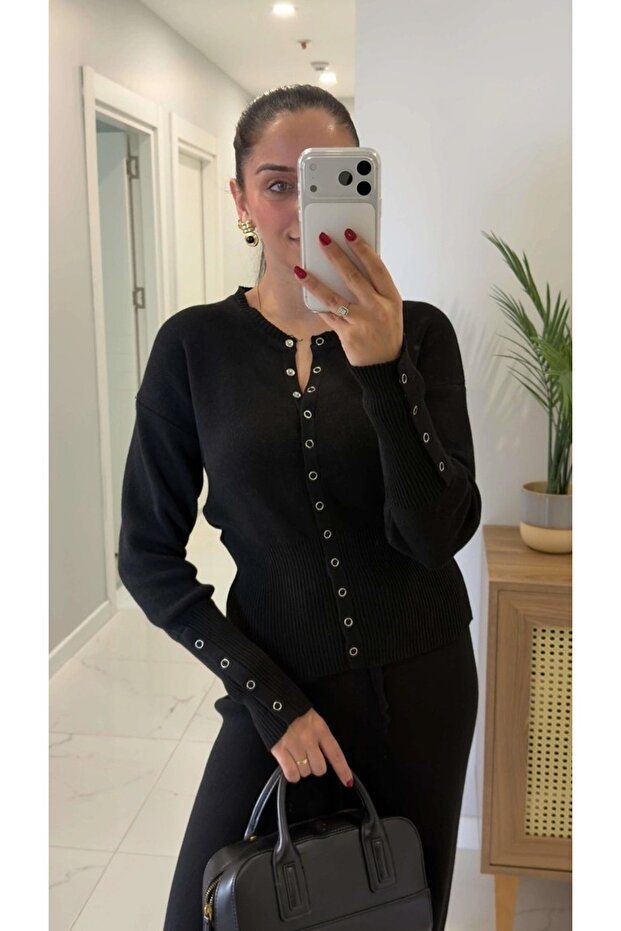 Black Snap Fastener Knitwear Cardigan - T904