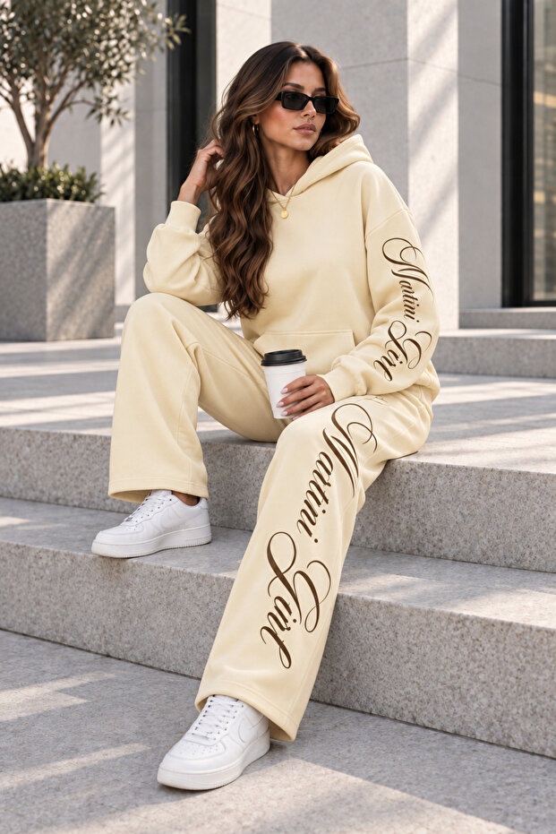 Unisex Women's Men's Martini Girl Sleeve and Leg Printed Oversize 3 Thread Hooded Sweatshirt and Baggy Sweatpants