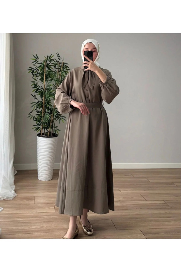 Khaki Fabric Belted Long Sleeve Long Dress