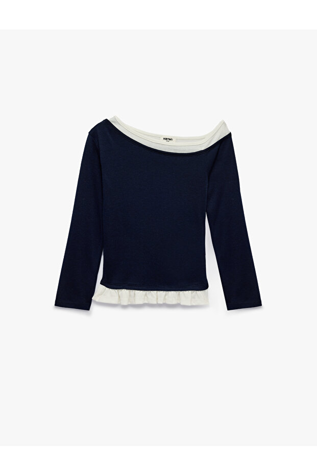 Ribbed Asymmetrical Cut Viscose Blend Boat Neck Long Sleeve Slim Fit T-Shirt