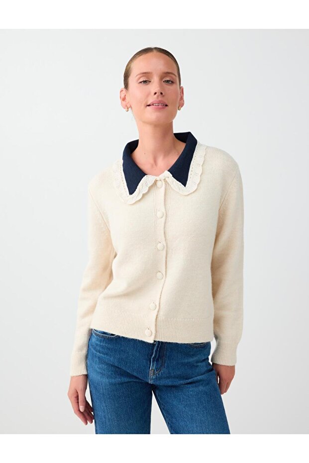 Off-White Shirt Collar Detailed Straight Cut Knitwear Cardigan