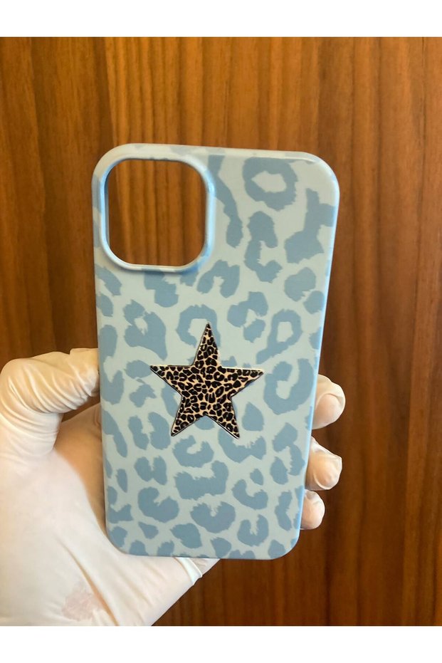 iPhone 13/14 Star Leopard Printed Velvet Inside Launch Silicone Phone Case (Blue Color)