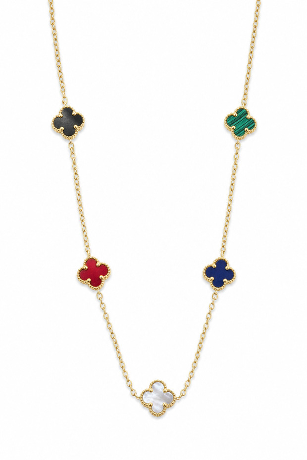 Yellow Tone Steel Necklace with Multicolored Clover Figure - Stylish and Durable Women's Jewelry