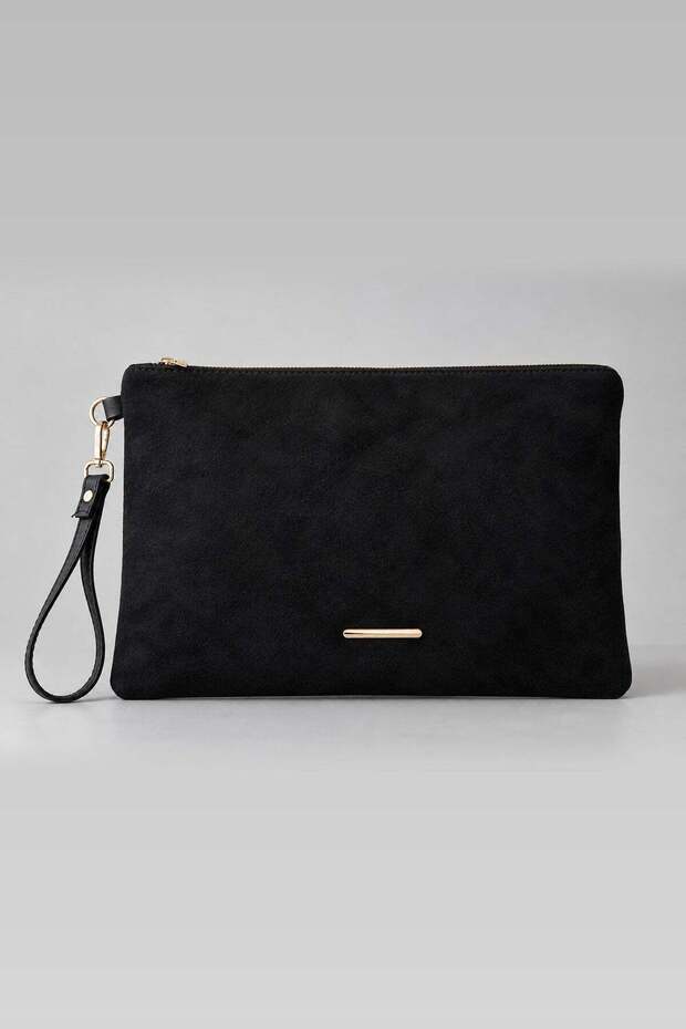 Black Suede Women's Zippered Handbag with Wrist Strap for Daily and Special Occasions