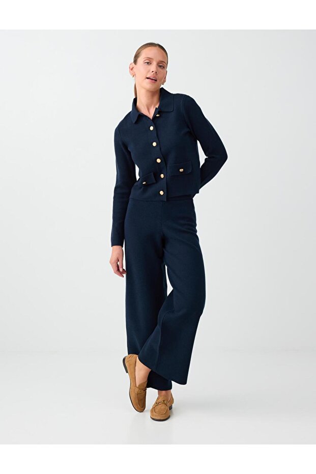 Navy Blue Relaxed Fit Regular Waist Wide Leg Knitwear Trousers