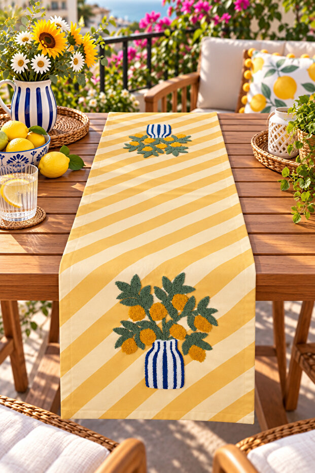 Punch Embroidered Suede Runner 40X140 cm - Lemon Bouquet