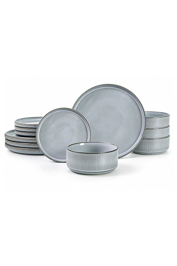 BAV 12-Piece Stoneware Dinner Set, Ash Grey 4 Dinner Plates, 4 Side Plates & 4 Bowls