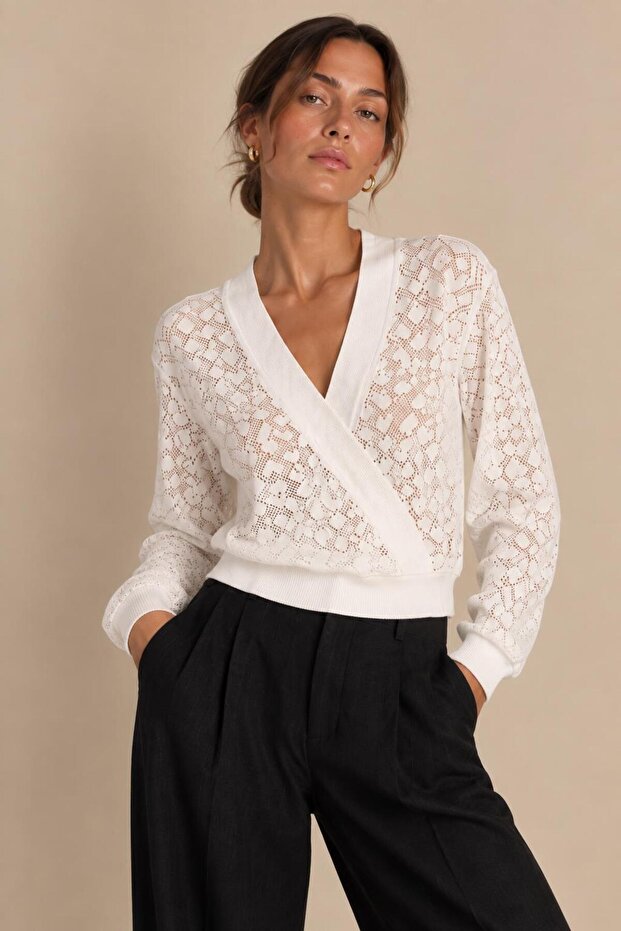 Double-Breasted Collar Patterned Lace Blouse