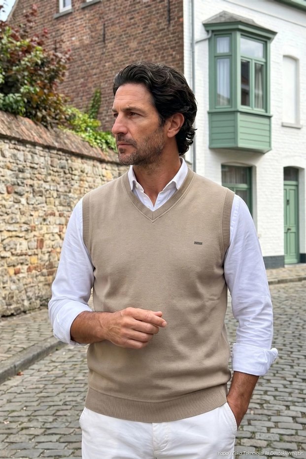 Men's V-Neck Wheat Sweater Thessaloniki Knit Classic Pattern - 5550H