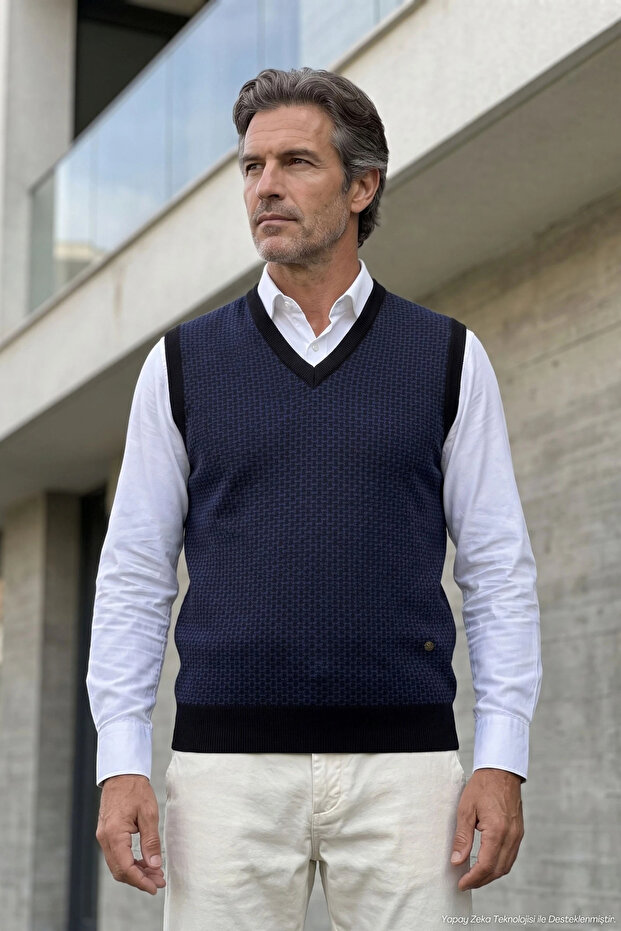 Men's V-Neck Black Sweater Straw Pattern Steel Knit Classic Pattern - 5441H