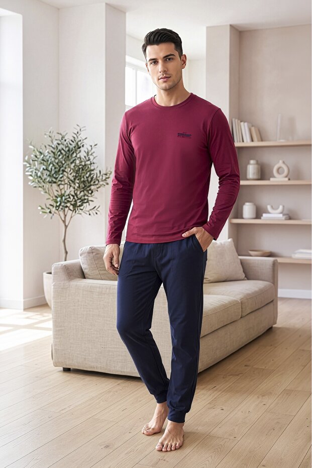 Men's 100% pure cotton burgundy, crew neck, long sleeve, cuffed pajama set
