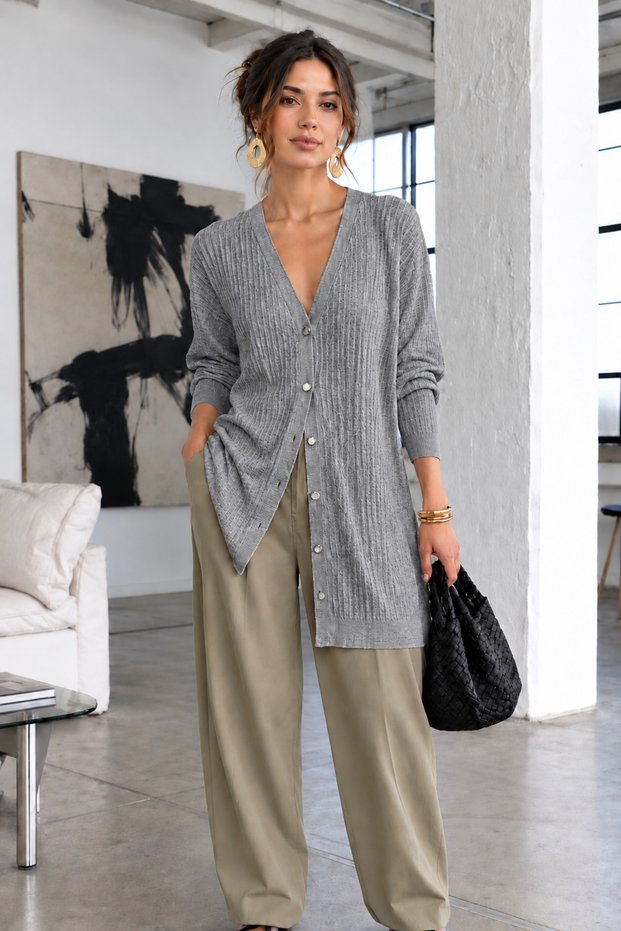 Women's Seasonal Gray Long Knit Cardigan