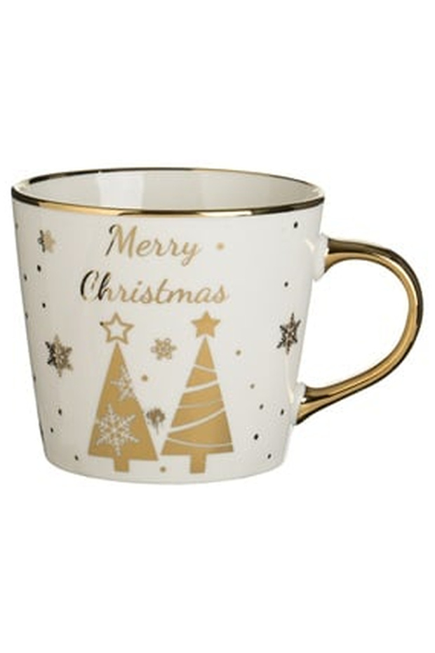 Ecru Triangular Ceramic Mug with Golden Fir Trees Pattern 415ml