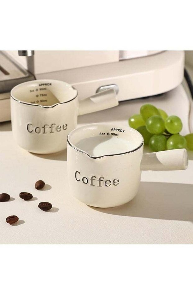 Espresso Cups, 90ML Ceramic Espresso Coffee Measuring Cup with Handle, V-Shaped Mouth Pitcher for Espresso Making and Frothing, Ideal for Espresso Shots, Coffee Brewing, and Milk Frothing