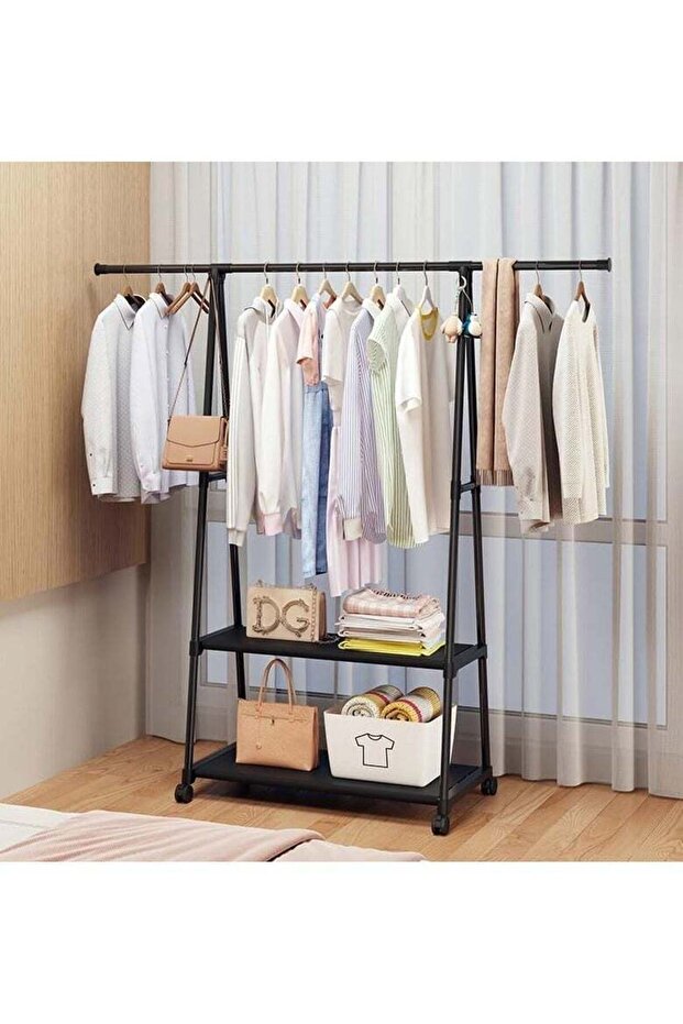 Clothes Rack Clothing Rack with Wheels and 2-Tier Storage Shelf Portable Garment Rack Wardrobe Organizer for Bedroom Living Room