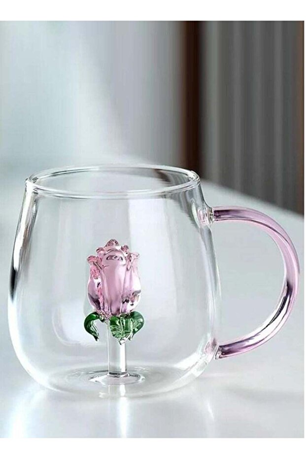 300 ML Borosilicate Three-Dimensional Coffee Cup with Handle , Flower Design
