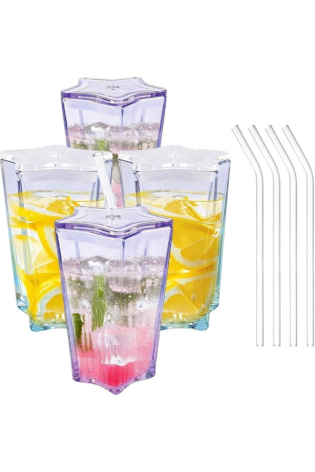 10oz Star-Shaped Crystal Glass Cups with Lids and Straws, 4 Pack Reusable Drinking Glasses, 2 Blue 2 Purple, Cute Beverage Cups for Iced Coffee Juice Water Smoothies Party Gifts