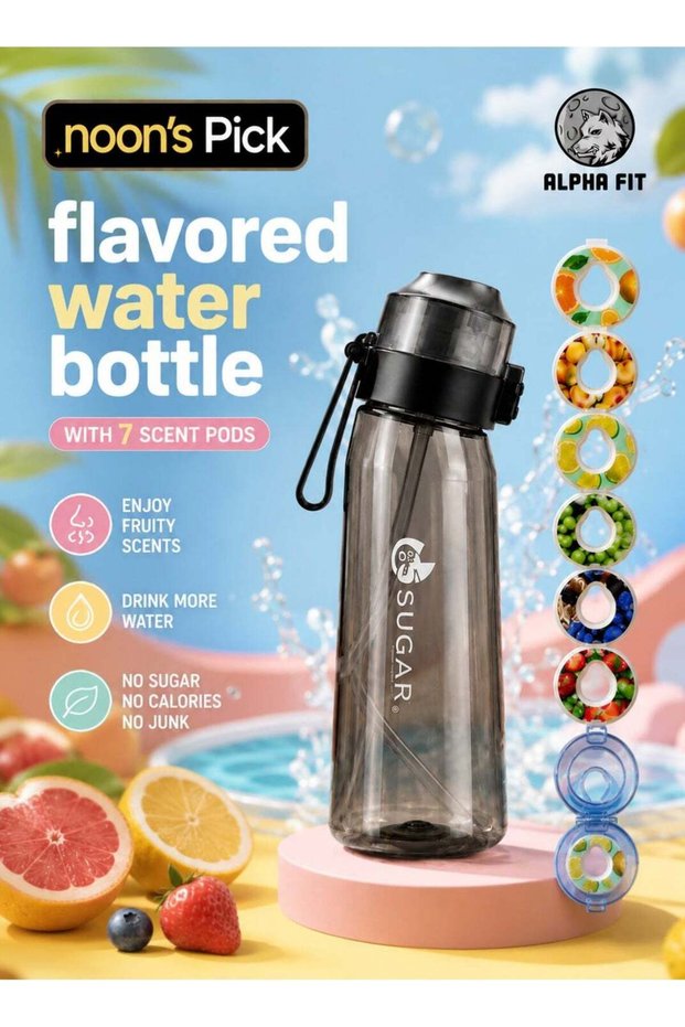 Alpha Fit 650ml Flavored Water Bottle with 7 Scent Pods – BPA-Free Tritan Leak-Proof Reusable Water Bottle, Compatible with Air Up Water Bottle, Black